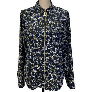 Michael Kors women’s floral print zip front blouse top navy blue size medium